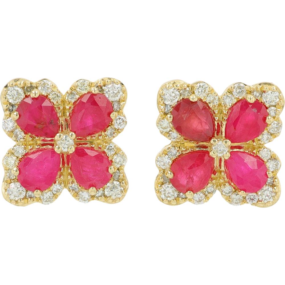 14K Yellow Gold Ruby Stud Earrings with Diamond Halo - 1.60 Carat Total Ruby Weight