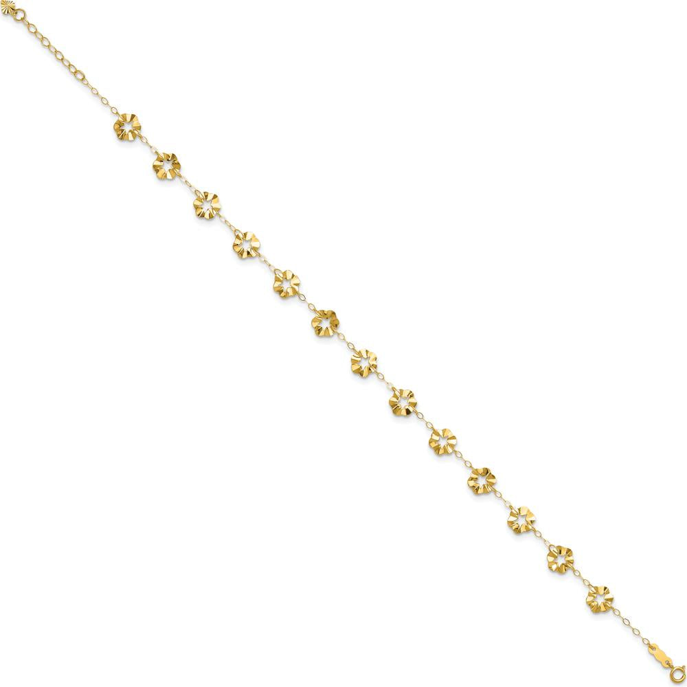 14K Yellow Gold Ruffle Star Flower Anklet with 1" Extender - 11" Total Length