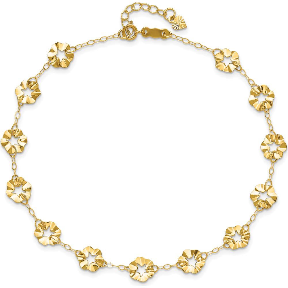 14K Yellow Gold Ruffle Star Flower Anklet with 1" Extender - 11" Total Length