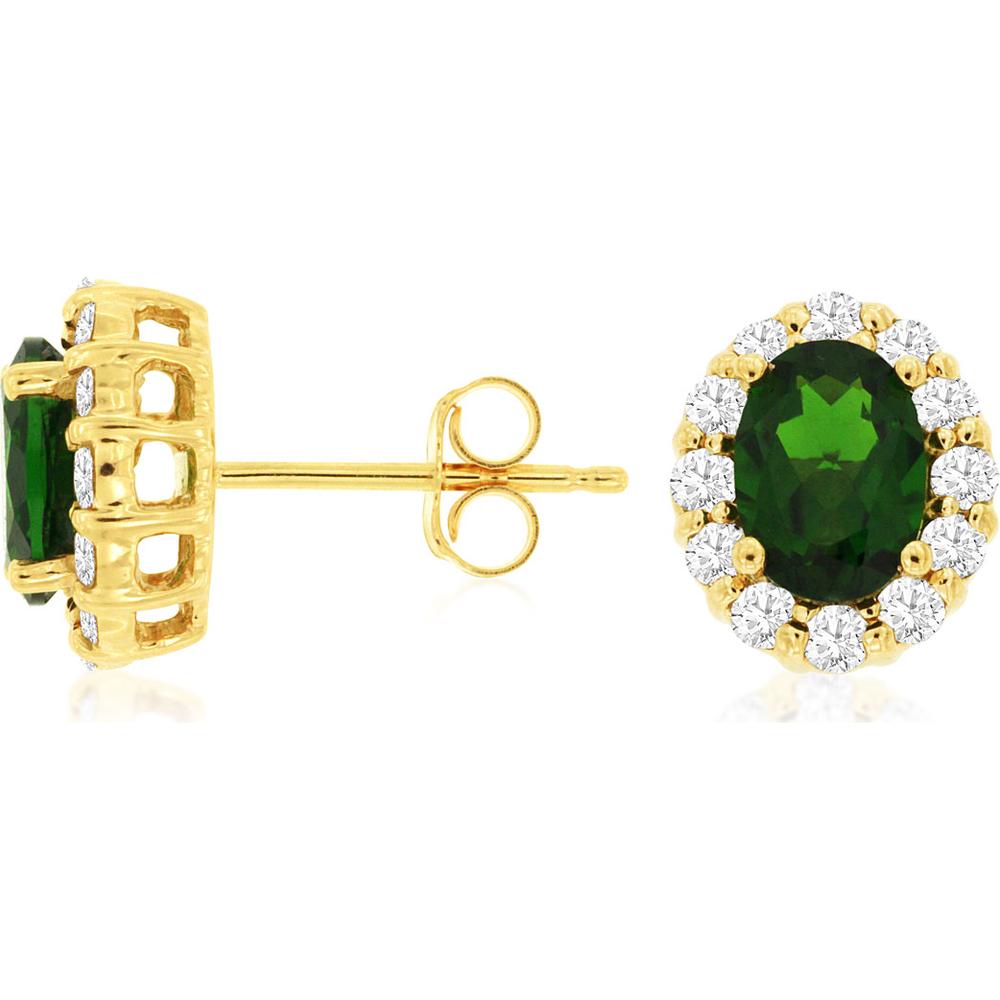 14K Yellow Gold Russalite & Diamond Halo Studs with Oval Green Russalite - 1.90 Carats Total Gem Weight