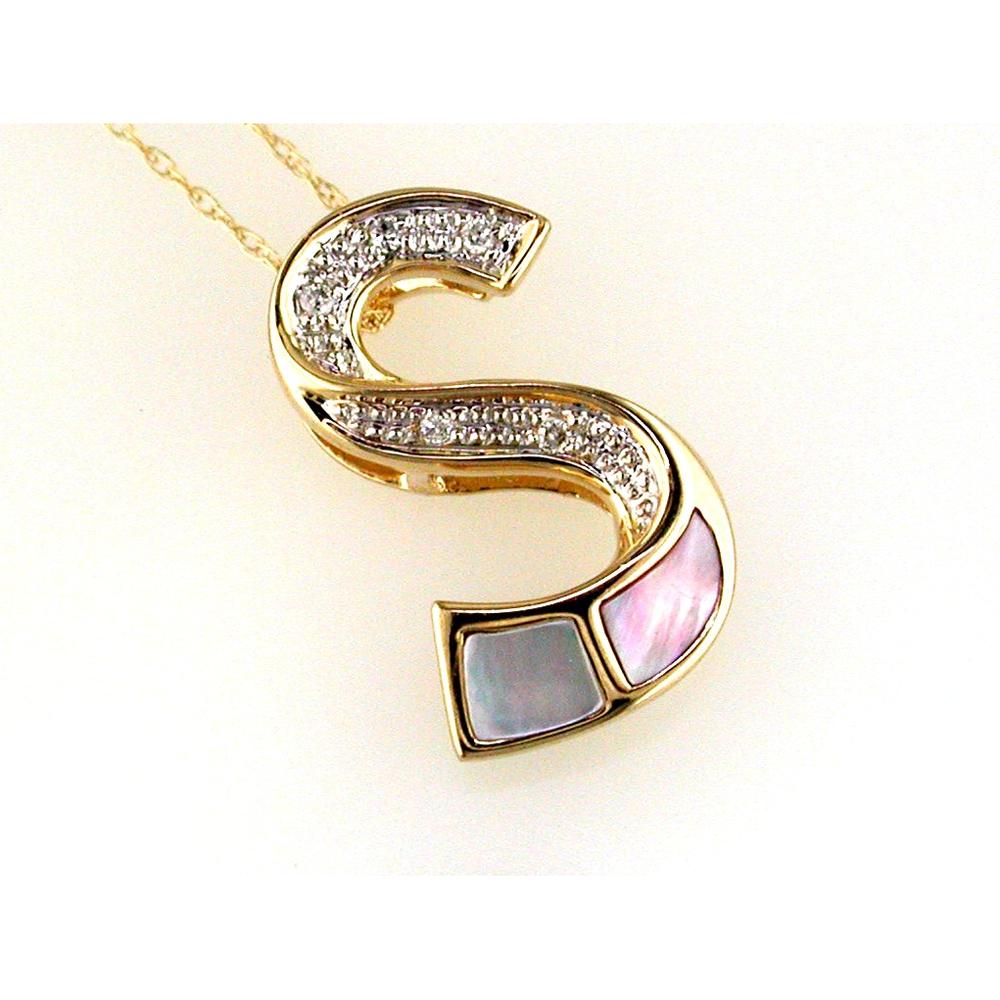 14K Yellow Gold S Initial Pendant with Round Diamonds and Mother of Pearl Accent - 0.03 Carat Total Diamond Weight - Royal Jewelry