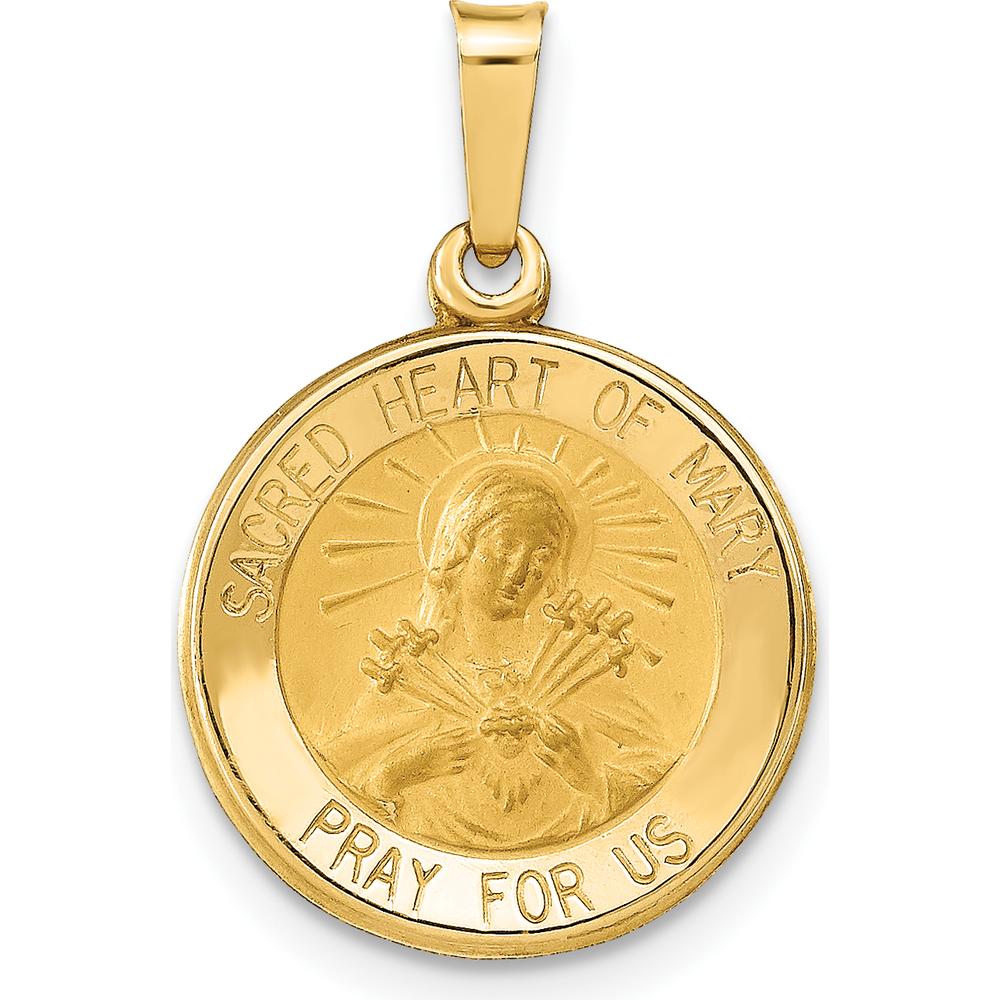 14K Yellow Gold Sacred Heart of Mary Hollow Round Pendant with Satin Finish by Oro Pregiato