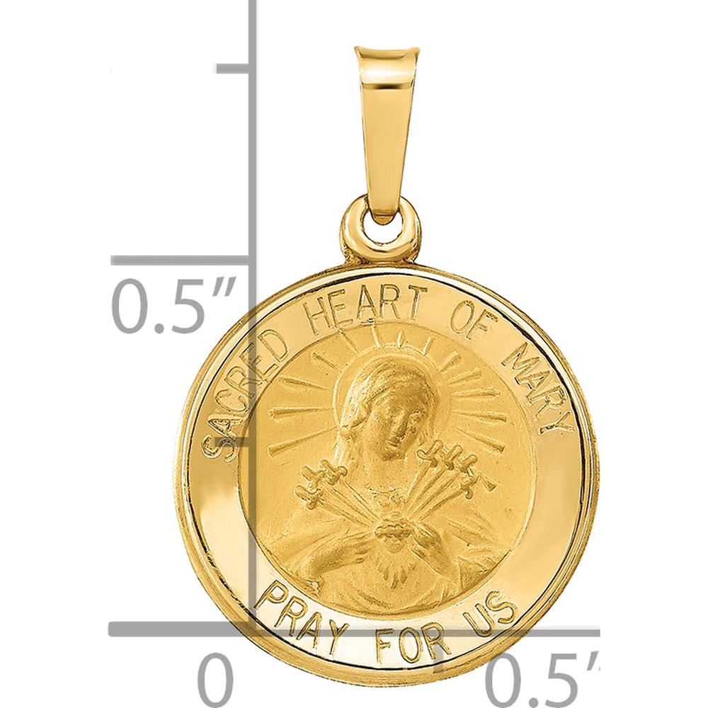 14K Yellow Gold Sacred Heart of Mary Hollow Round Pendant with Satin Finish by Oro Pregiato