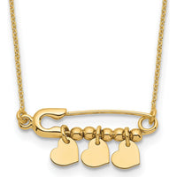 14K Yellow Gold Safety Pin Necklace with Three Dangle Heart Charms - 17" Length by 0