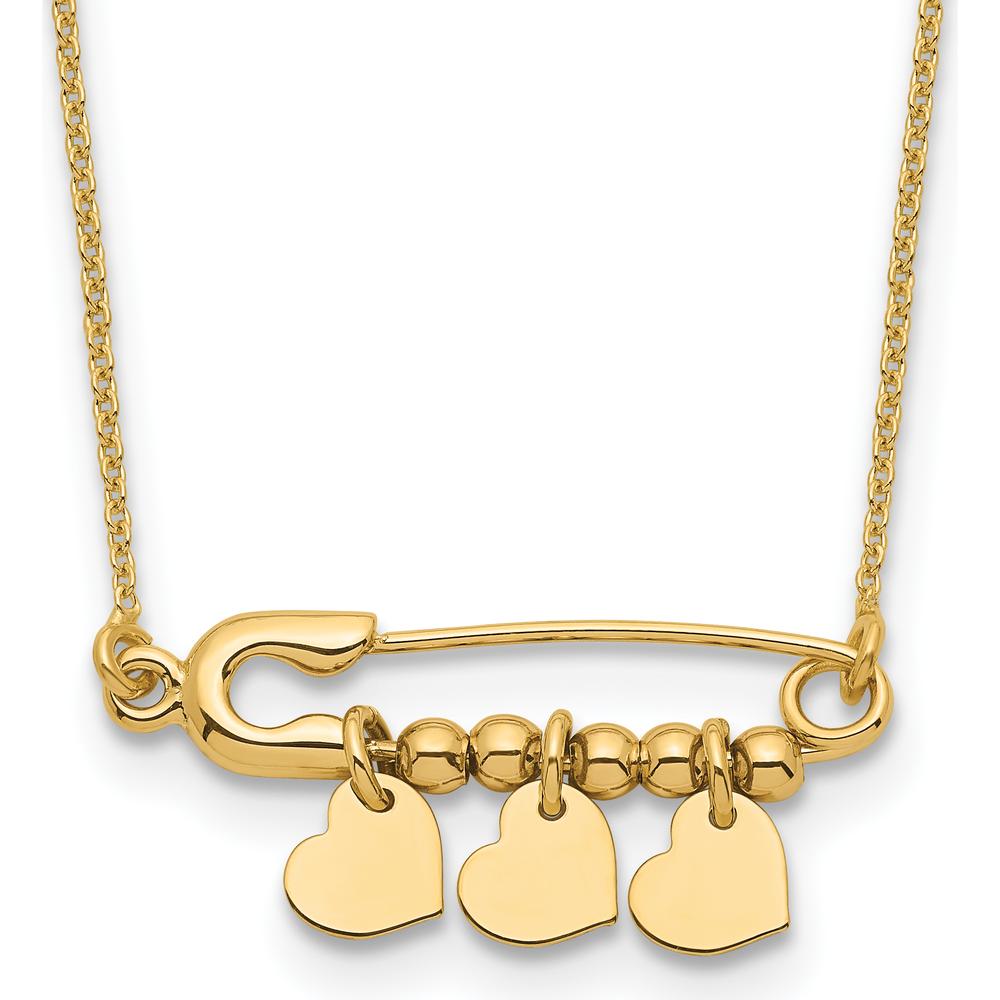 14K Yellow Gold Safety Pin Necklace with Three Dangle Heart Charms - 17" Length by 0