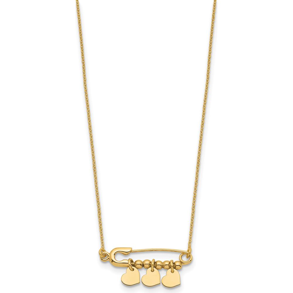 14K Yellow Gold Safety Pin Necklace with Three Dangle Heart Charms - 17" Length by 0