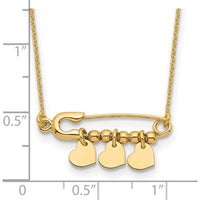 14K Yellow Gold Safety Pin Necklace with Three Dangle Heart Charms - 17" Length by 0