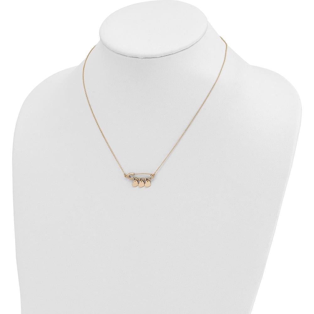 14K Yellow Gold Safety Pin Necklace with Three Dangle Heart Charms - 17" Length by 0