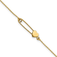 14K Yellow Gold Safety Pin with Heart 7" Bracelet by Oro Pregiato