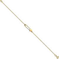 14K Yellow Gold Safety Pin with Heart 7" Bracelet by Oro Pregiato