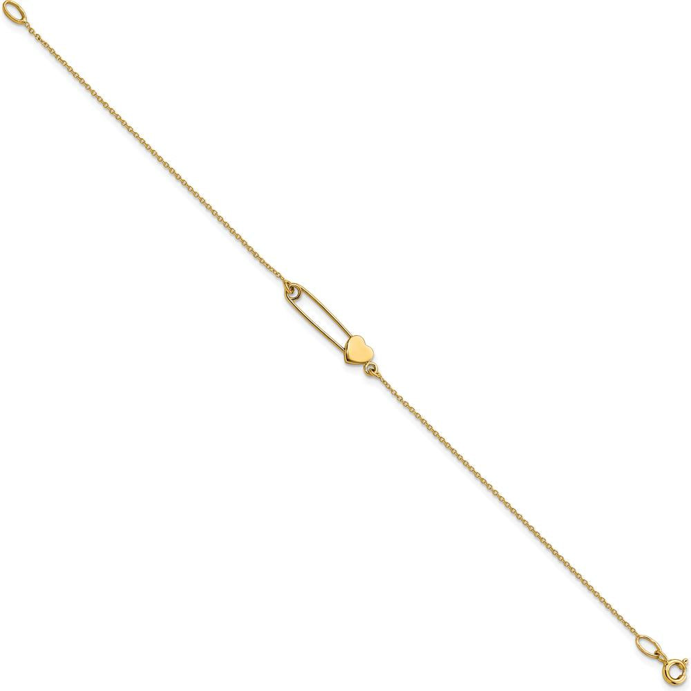 14K Yellow Gold Safety Pin with Heart 7" Bracelet by Oro Pregiato