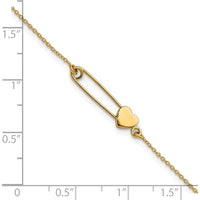 14K Yellow Gold Safety Pin with Heart 7" Bracelet by Oro Pregiato