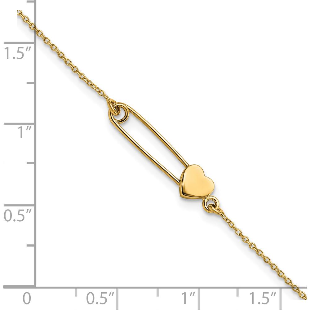 14K Yellow Gold Safety Pin with Heart 7" Bracelet by Oro Pregiato