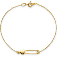 14K Yellow Gold Safety Pin with Heart 7" Bracelet by Oro Pregiato