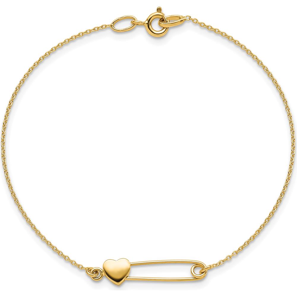 14K Yellow Gold Safety Pin with Heart 7" Bracelet by Oro Pregiato