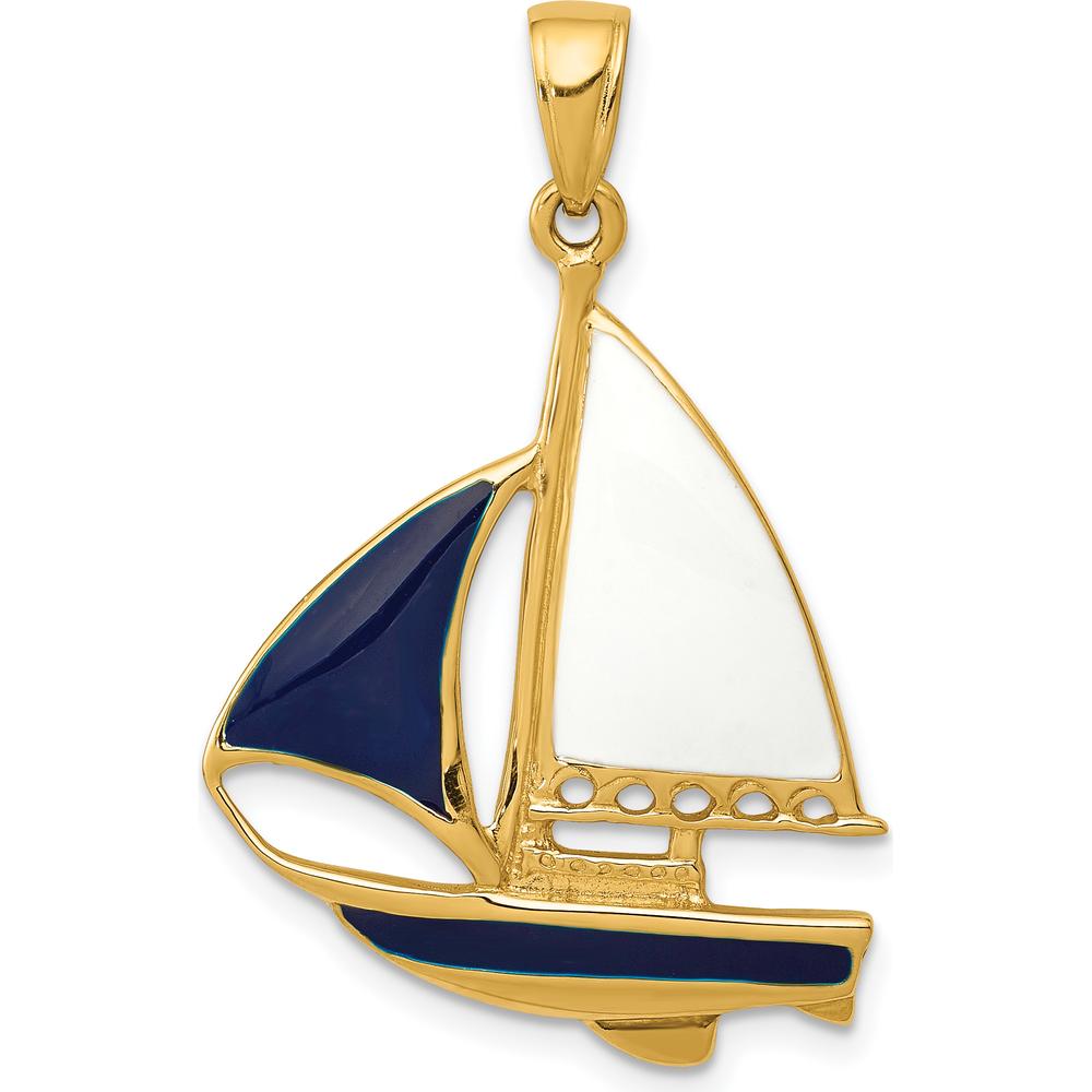 14K Yellow Gold Sailboat Pendant with Blue and White Enamel Accents - Nautical Themed Design by Oro Pregiato