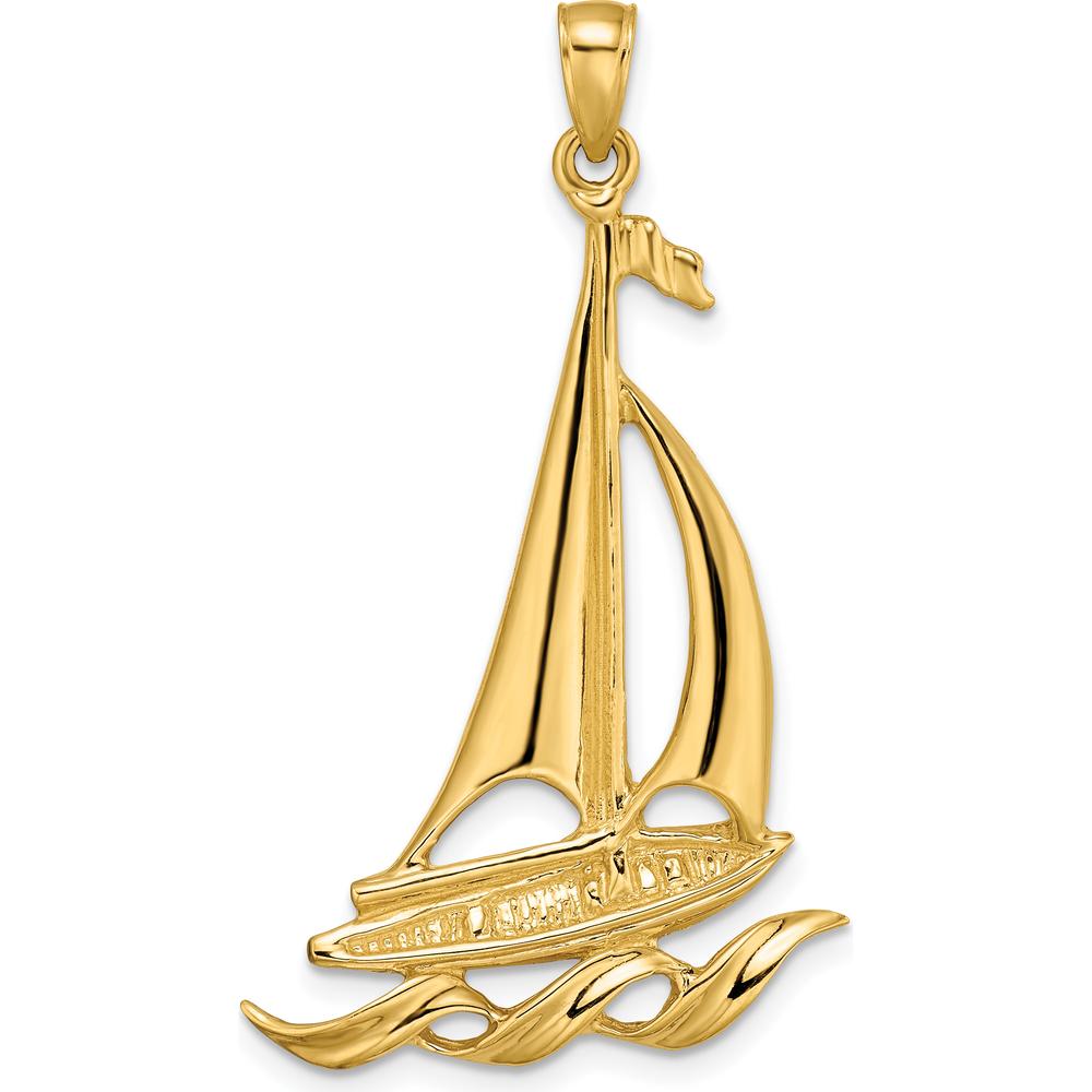 14K Yellow Gold Sailboat with Waves Pendant - Polished Finish, 46.1mm Length by Oro Pregiato