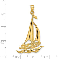 14K Yellow Gold Sailboat with Waves Pendant - Polished Finish, 46.1mm Length by Oro Pregiato