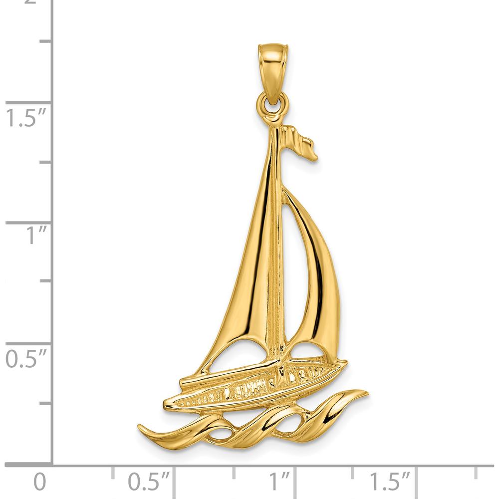 14K Yellow Gold Sailboat with Waves Pendant - Polished Finish, 46.1mm Length by Oro Pregiato