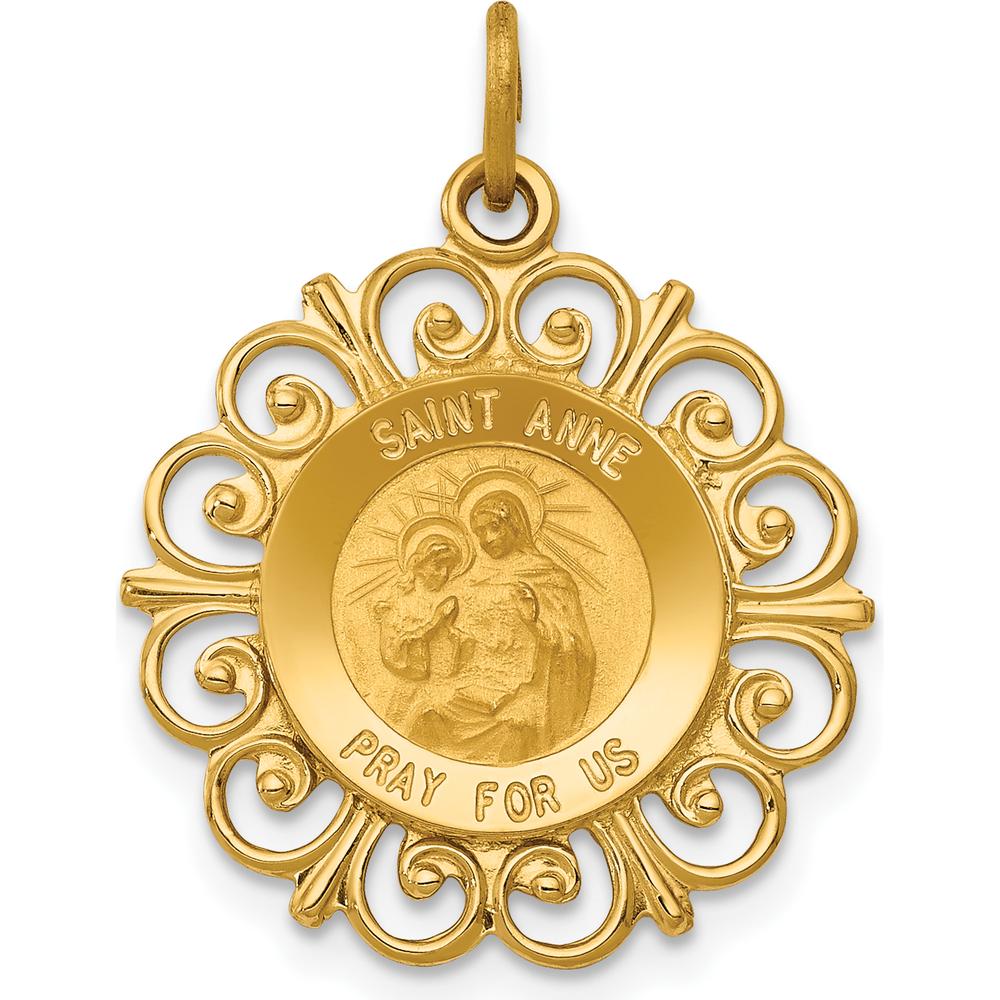 14K Yellow Gold Saint Anne Medal Pendant with Satin and Polished Finish - 24.5mm Length by Oro Pregiato