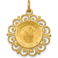 14K Yellow Gold Saint Francis of Assisi Polished and Satin Scalloped Edge Round Pendant by Oro Pregiato