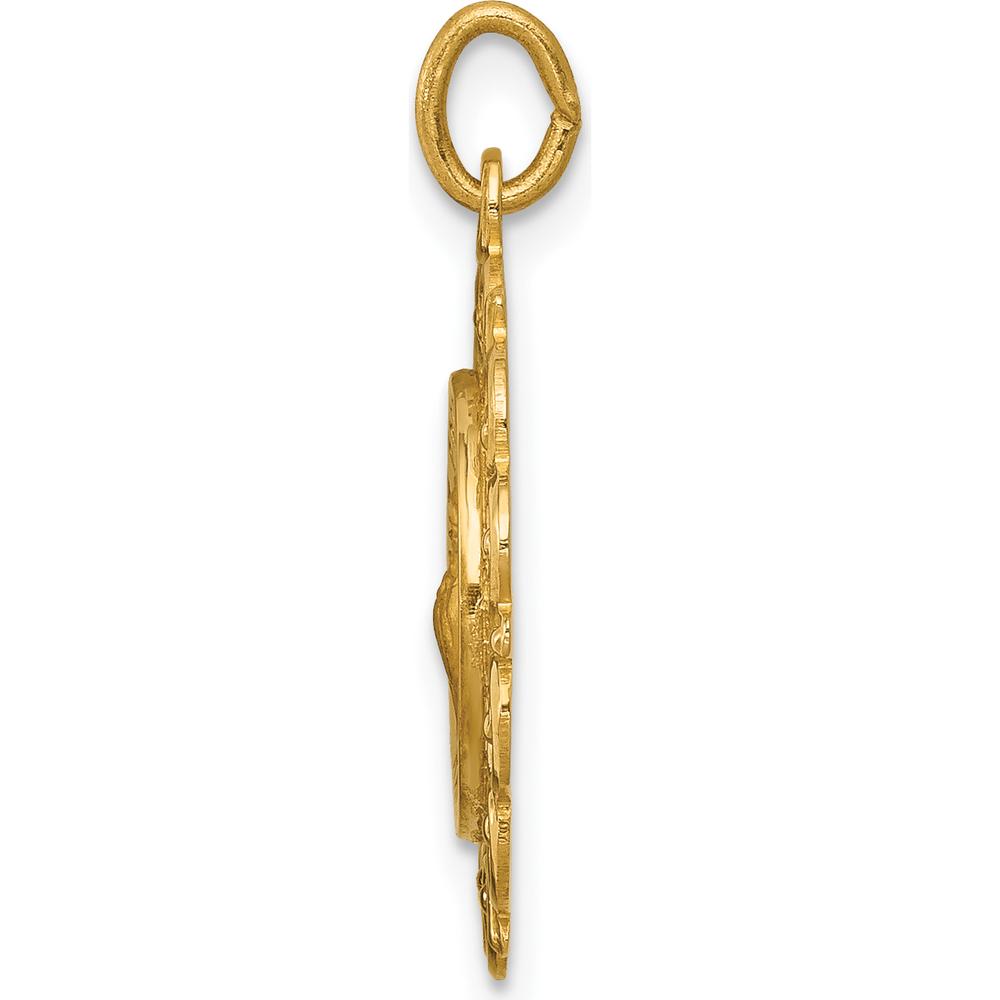 14K Yellow Gold Saint Francis of Assisi Polished and Satin Scalloped Edge Round Pendant by Oro Pregiato
