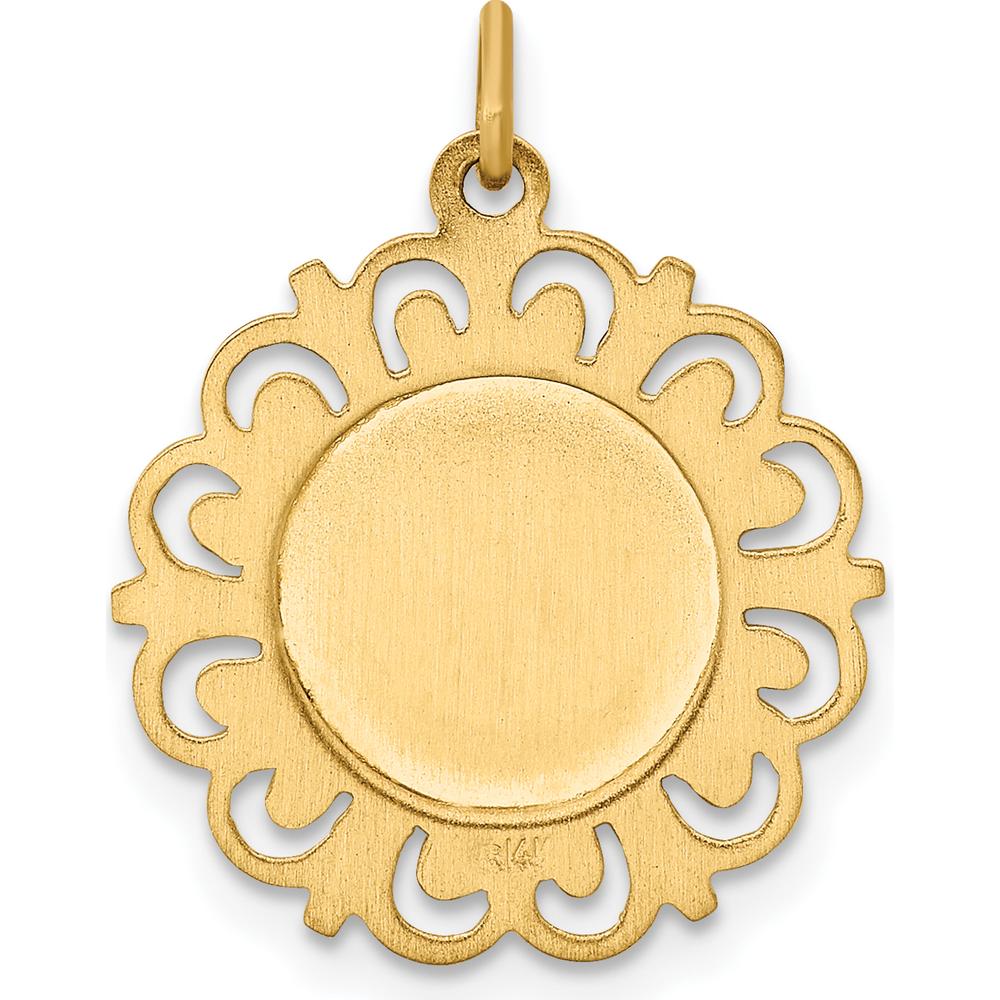 14K Yellow Gold Saint Francis of Assisi Polished and Satin Scalloped Edge Round Pendant by Oro Pregiato