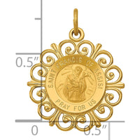 14K Yellow Gold Saint Francis of Assisi Polished and Satin Scalloped Edge Round Pendant by Oro Pregiato