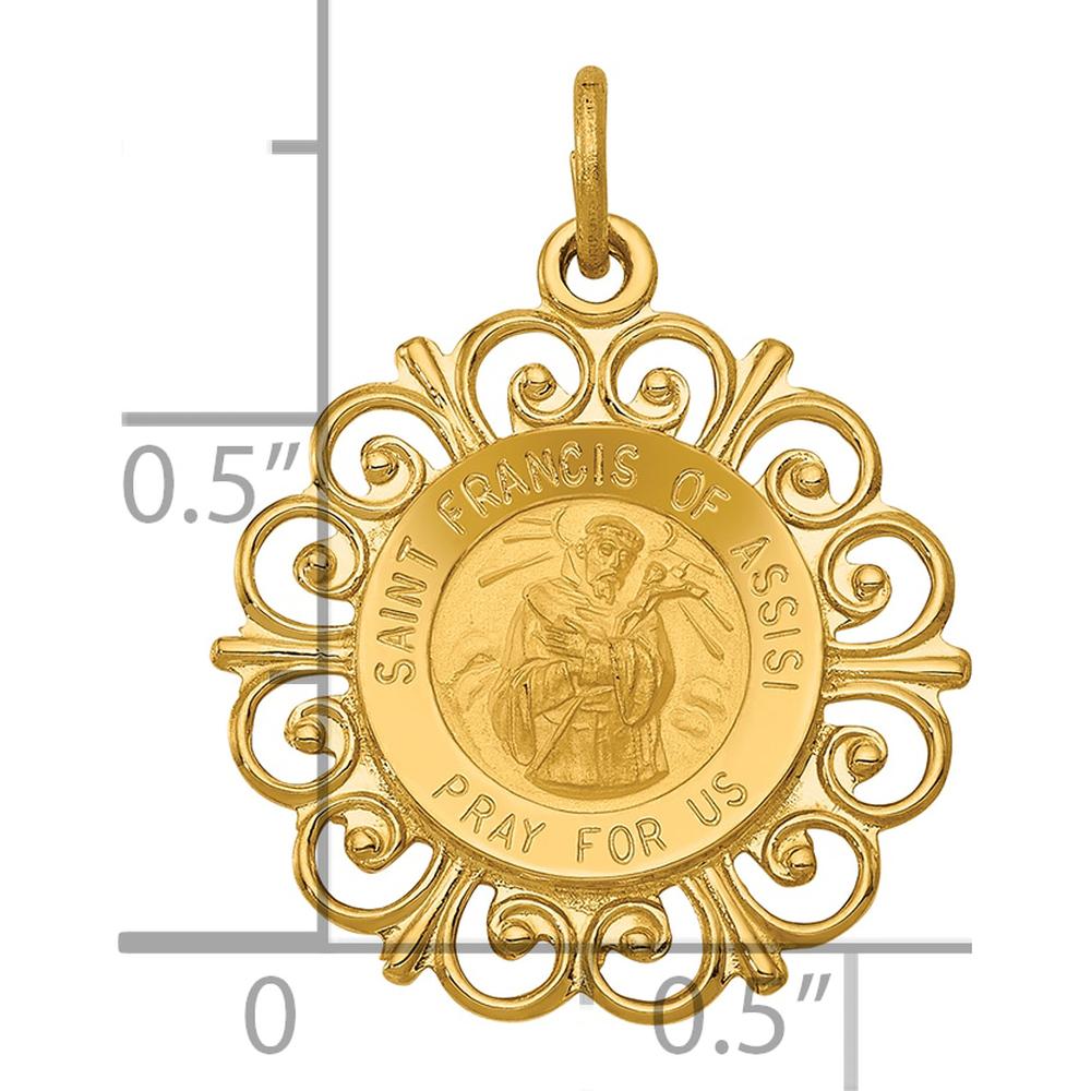14K Yellow Gold Saint Francis of Assisi Polished and Satin Scalloped Edge Round Pendant by Oro Pregiato
