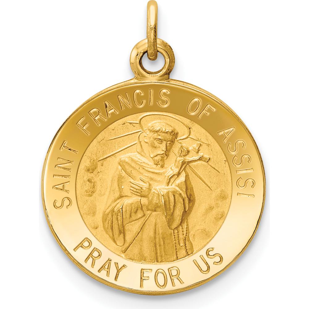 14K Yellow Gold Saint Francis of Assisi Round Charm Pendant - Satin & Polished Finish by Oro Pregiato