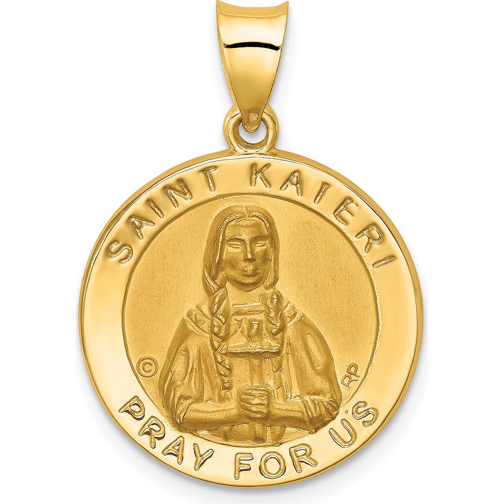 14K Yellow Gold Saint Kateri Medal Pendant with Polished and Satin Finish - Faith-Inspired Religious Jewelry by Oro Pregiato