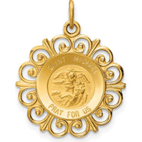 14K Yellow Gold Saint Michael Medal Scalloped Edge Round Pendant with Polished and Satin Finish by Oro Pregiato