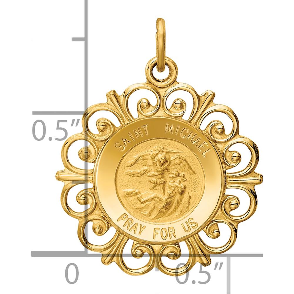 14K Yellow Gold Saint Michael Medal Scalloped Edge Round Pendant with Polished and Satin Finish by Oro Pregiato