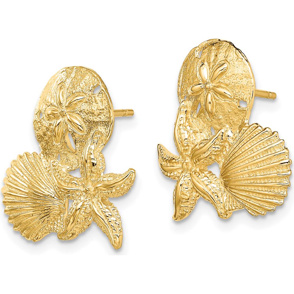14K Yellow Gold Sand Dollar, Starfish, Scallop Cluster Post Earrings - Elegant Coastal Design by 0