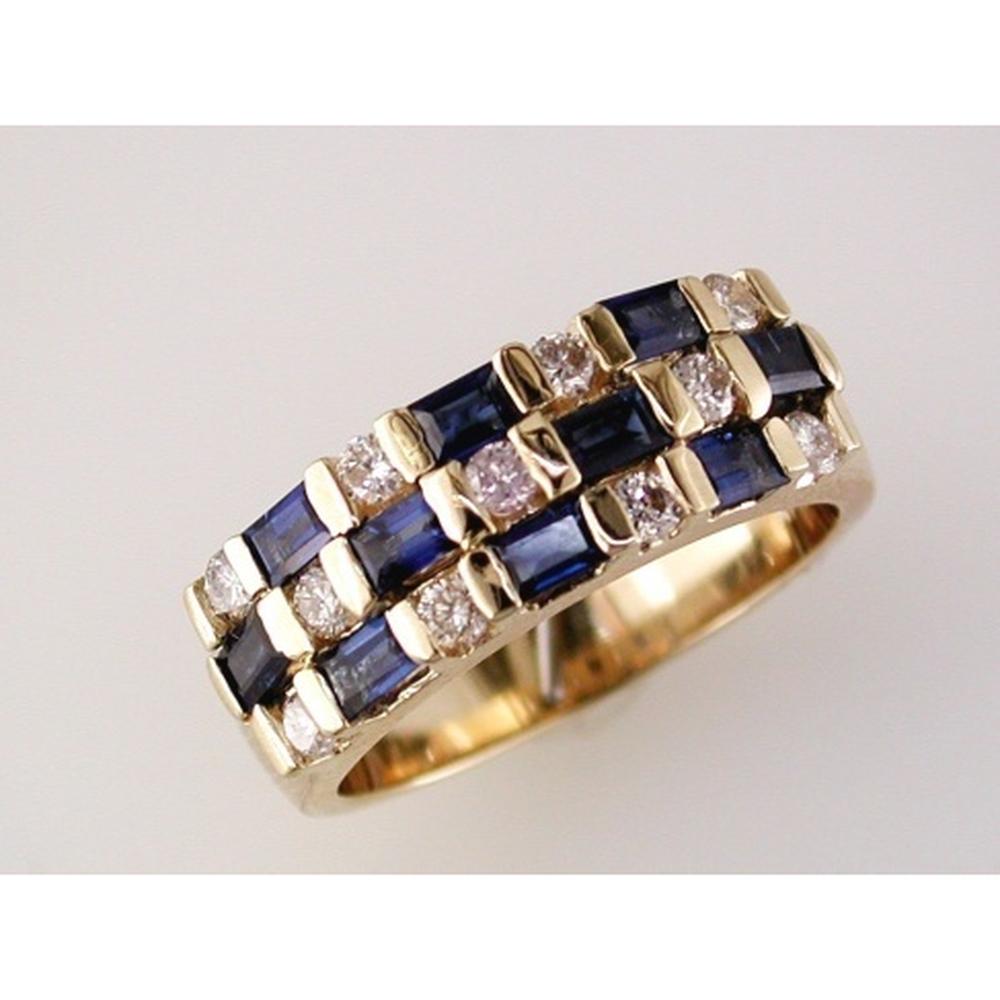 14K Yellow Gold Sapphire & Diamond Band Ring with Baguette Sapphires & Round Diamonds - 1.63 Carats Total Weight