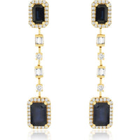 14K Yellow Gold Sapphire and Diamond Drop Earrings with Emerald-Cut Halo Design and Baguette Accents - 2.15 Carat Total Sapphire Weight, 0.32 Carat Total Diamond Weight - Royal Jewelry