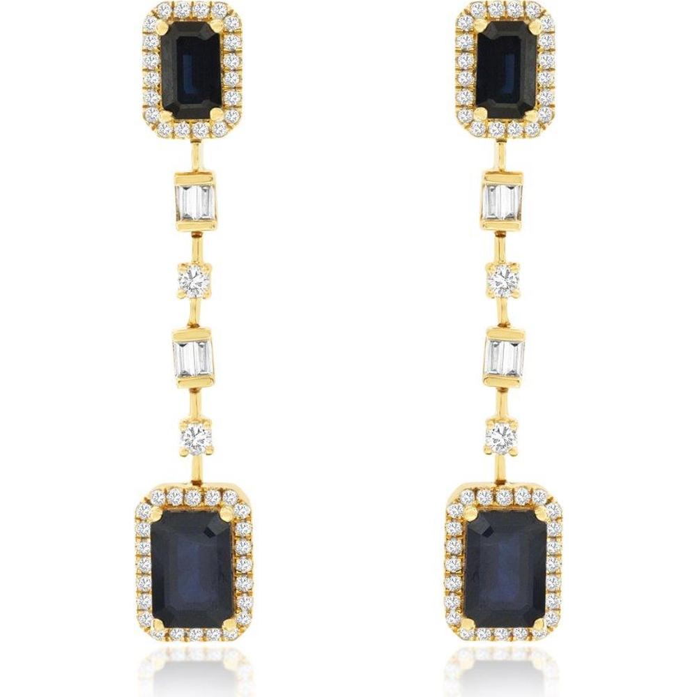 14K Yellow Gold Sapphire and Diamond Drop Earrings with Emerald-Cut Halo Design and Baguette Accents - 2.15 Carat Total Sapphire Weight, 0.32 Carat Total Diamond Weight - Royal Jewelry