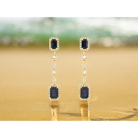 14K Yellow Gold Sapphire and Diamond Drop Earrings with Emerald-Cut Halo Design and Baguette Accents - 2.15 Carat Total Sapphire Weight, 0.32 Carat Total Diamond Weight - Royal Jewelry