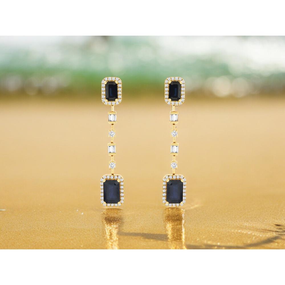 14K Yellow Gold Sapphire and Diamond Drop Earrings with Emerald-Cut Halo Design and Baguette Accents - 2.15 Carat Total Sapphire Weight, 0.32 Carat Total Diamond Weight - Royal Jewelry
