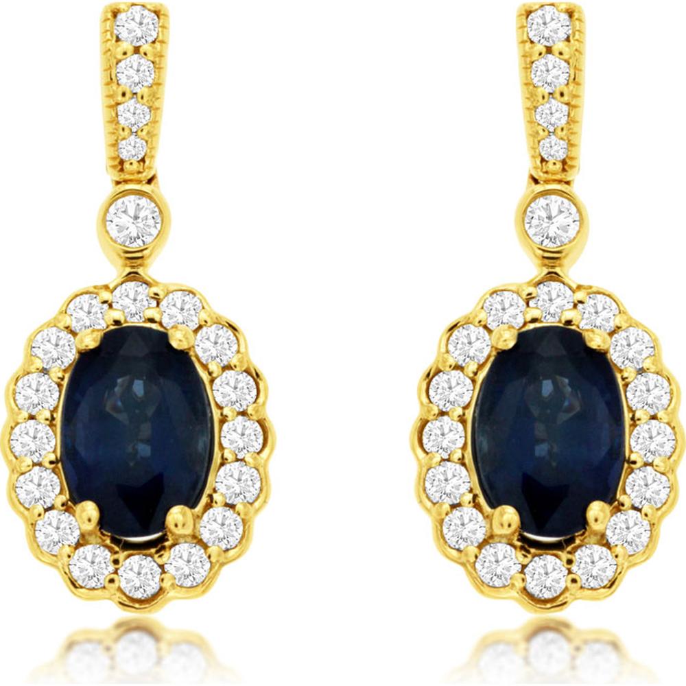 14K Yellow Gold Sapphire and Diamond Drop Earrings with Oval Cut Sapphire Halo Design - 1.30 Carat Total Sapphire Weight, 0.33 Carat Total Diamond Weight - Royal Jewelry
