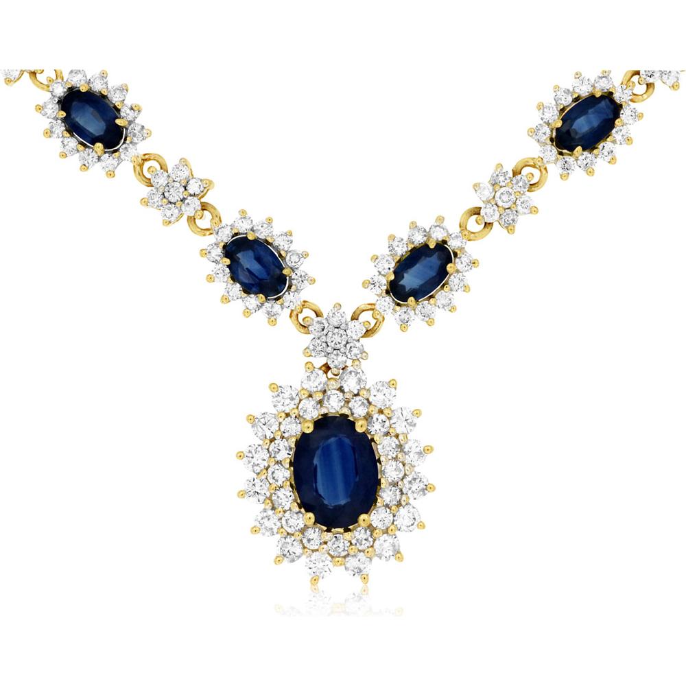 14K Yellow Gold Sapphire & Diamond Halo Necklace - 6.90 Carats Total Gem Weight
