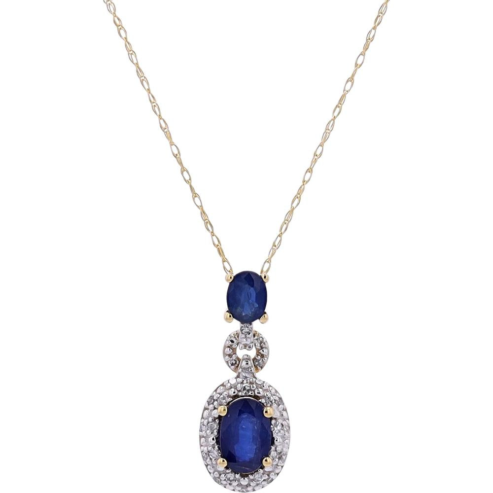 14K Yellow Gold Sapphire & Diamond Halo Pendant Necklace - 0.08 Carat Total Diamond Weight
