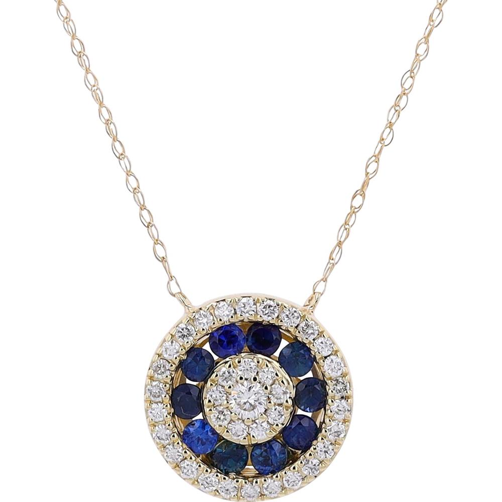 14K Yellow Gold Sapphire & Diamond Halo Pendant Necklace - 0.50 Carat Total Sapphire, 0.30 Carat Total Diamond