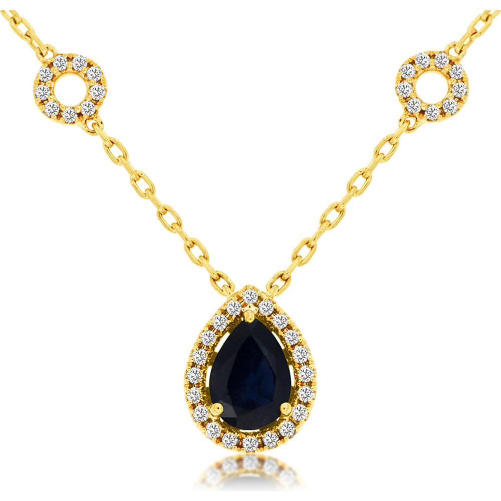 14K Yellow Gold Sapphire & Diamond Halo Pendant Necklace - 1.13 Carats Total Weight