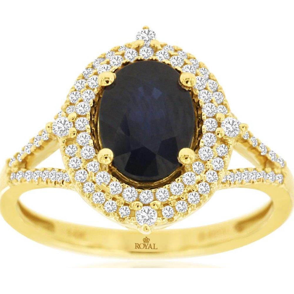 14K Yellow Gold Sapphire & Diamond Halo Ring - 1.45 Carats Sapphire, 0.33 Carats Total Diamond Weight