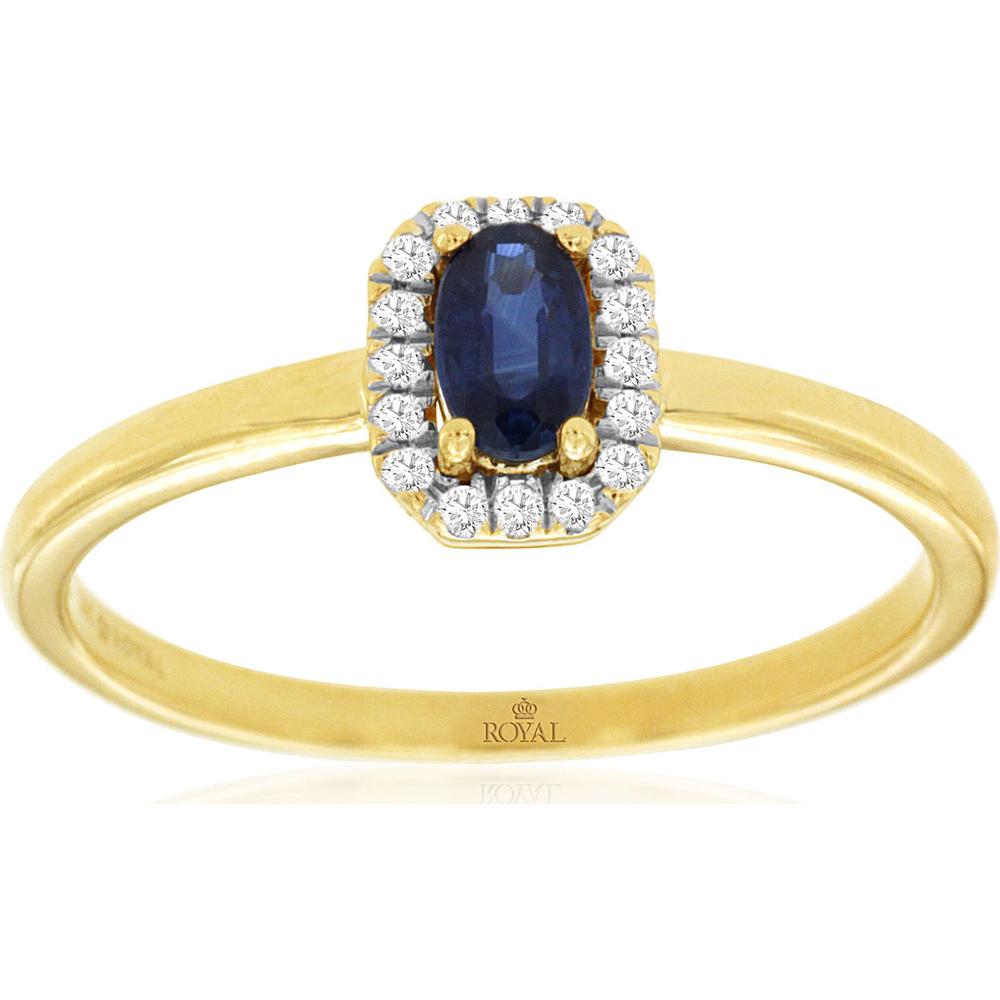 14K Yellow Gold Sapphire and Diamond Halo Ring with Oval Sapphire - 0.23 Carats Sapphire and 0.06 Carats Total Diamond Weight