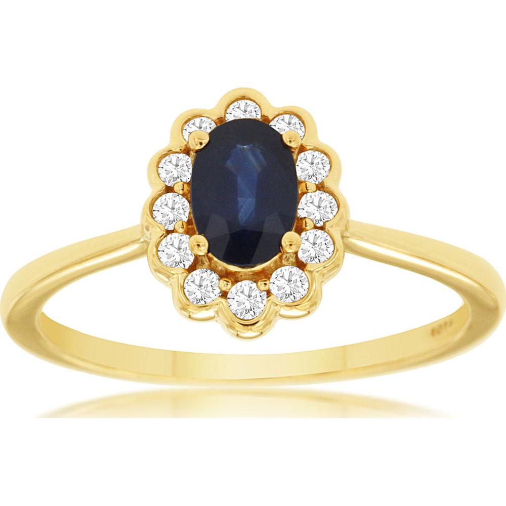 14K Yellow Gold Sapphire & Diamond Halo Ring with Oval Sapphire - 0.81 Carats Total Gem Weight