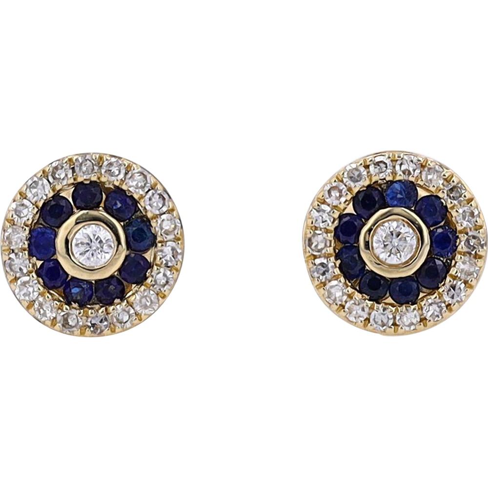 14K Yellow Gold Sapphire and Diamond Halo Stud Earrings - 0.25 Carat Total Diamond Weight