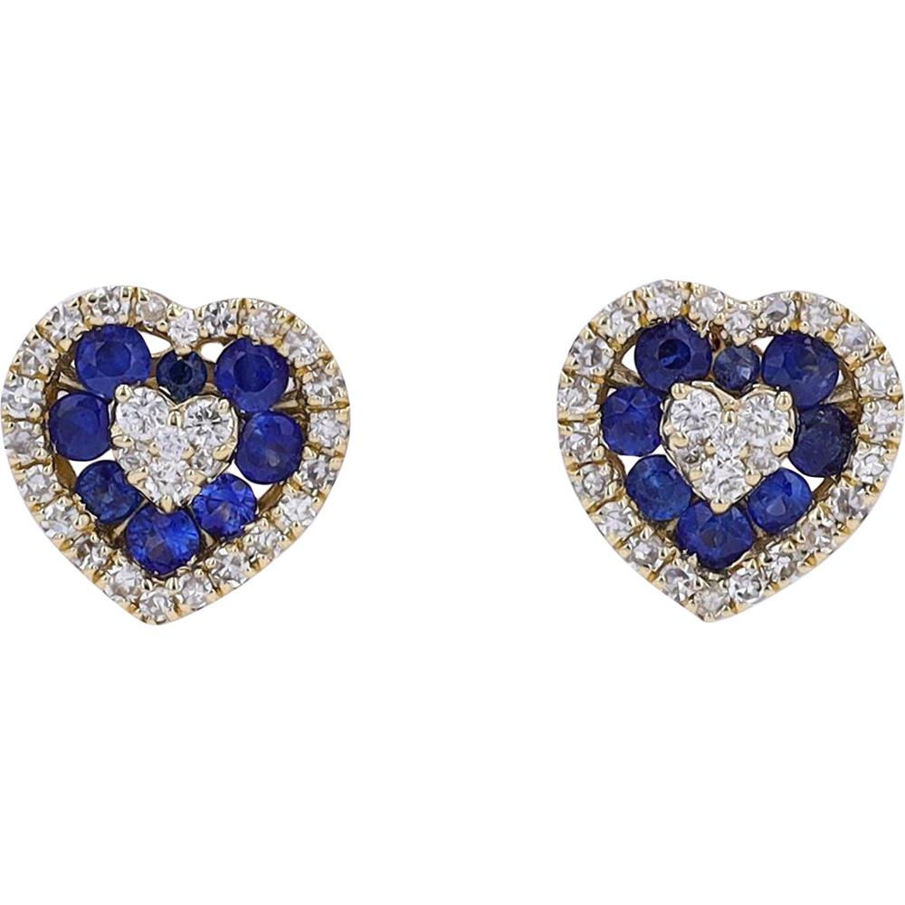 14K Yellow Gold Sapphire & Diamond Heart Stud Earrings - 0.33 Carat Total Gemstone Weight