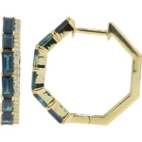 14K Yellow Gold Sapphire and Diamond Hoop Earrings - 2.20 Carat Total Sapphire Weight, 0.25 Carat Total Diamond Weight